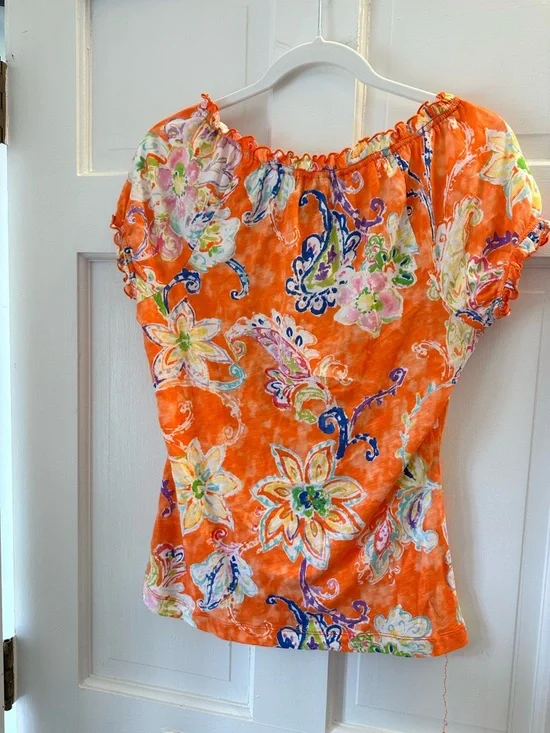 Lauren Ralph Lauren LRL Orange Floral Paisley Peasant Top Size S - Picture 4 of 5